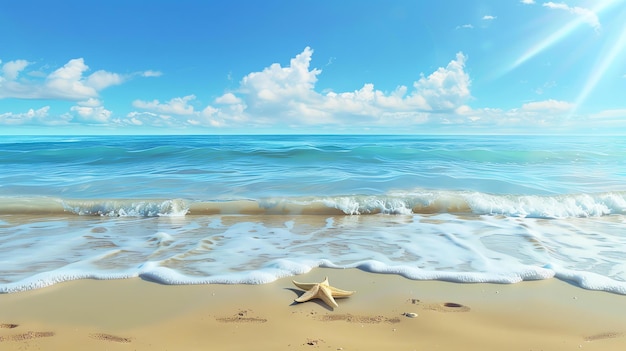 Obraz to piękna plaża, piasek jest biały i miękki, a woda jest krystalicznie niebieska.