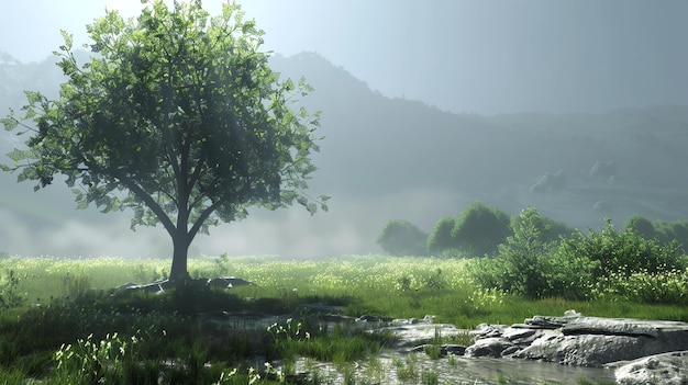Obraz to piękny krajobraz zielonego pola z dużym drzewem na pierwszym planie