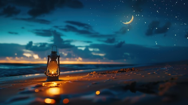 Obraz to plakat przedstawiający piękną lampę latarni na plaży z półksiężycem w