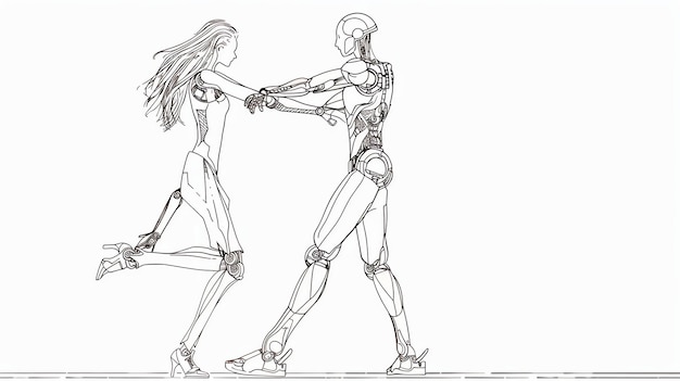 Zdjęcie obraz to rysunek robota i tańczącej kobiety. kobieta ma na sobie sukienkę, a robot garnitur.
