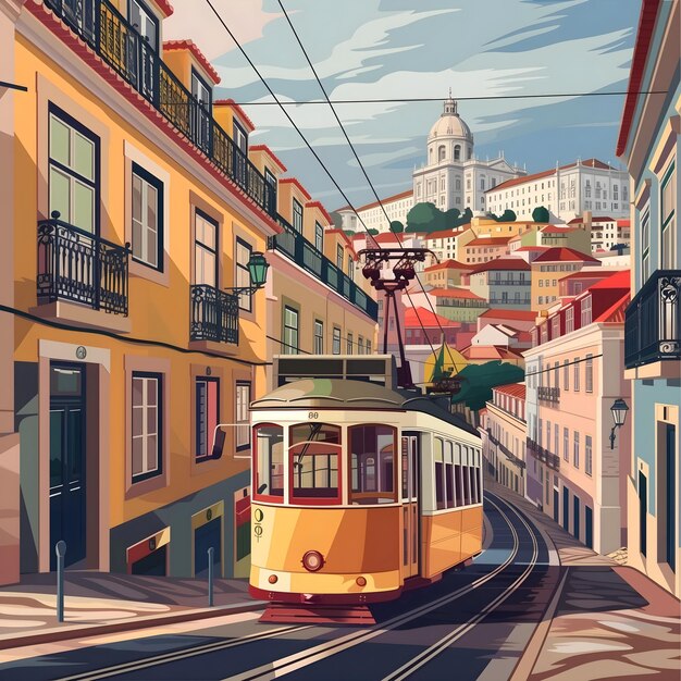Obraz tramwaju idącego ulicą w Lizbonie w Portugalii
