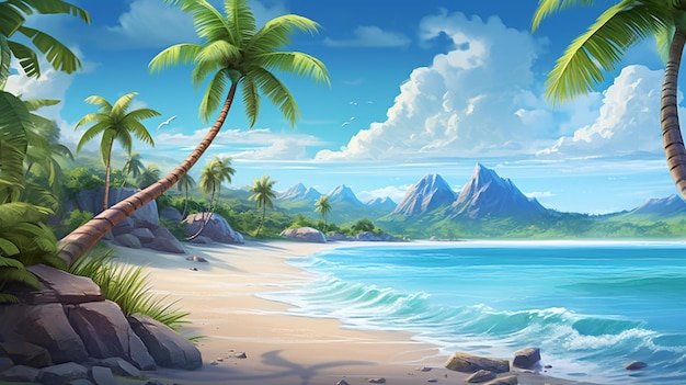 obraz tropikalnej plaży z palmami i górą w tle generatywny ai