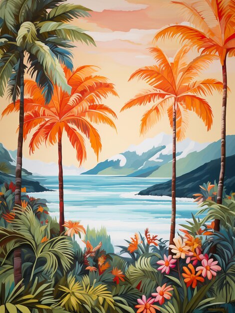 obraz tropikalnej sceny z palmami i kwiatami generatywny ai