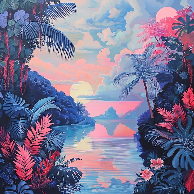 obraz tropikalnej wyspy z drzewami palmowymi i ptakiem na tle