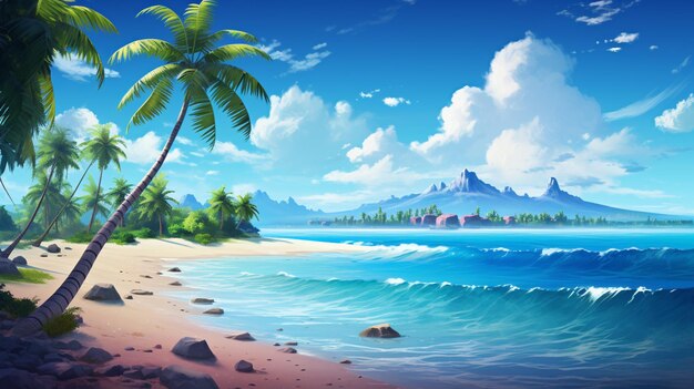 Obraz tropikalnej wyspy z palmami i plażą generatywną ai