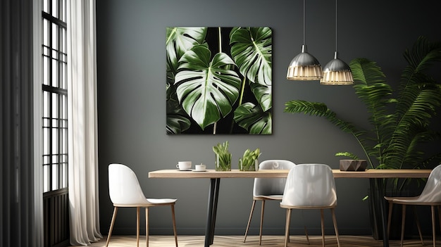 Obraz tropikalnych liści na szarej ścianie