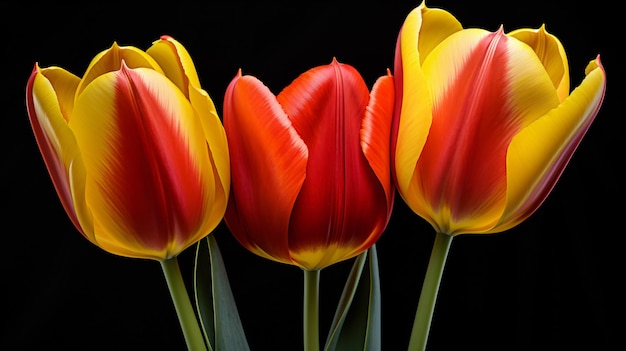 Zdjęcie obraz trzech czerwonych i żółtych tulipanów