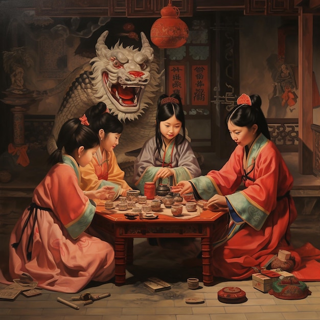 Obraz trzech dziewcząt grających w karty z smokiem.