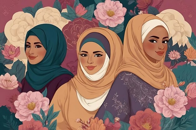 obraz trzech kobiet z kwiatami hibiskusa