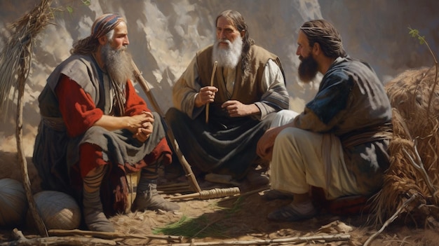Zdjęcie obraz trzech mężczyzn siedzących na pustyni rozmawiających generatywnie.