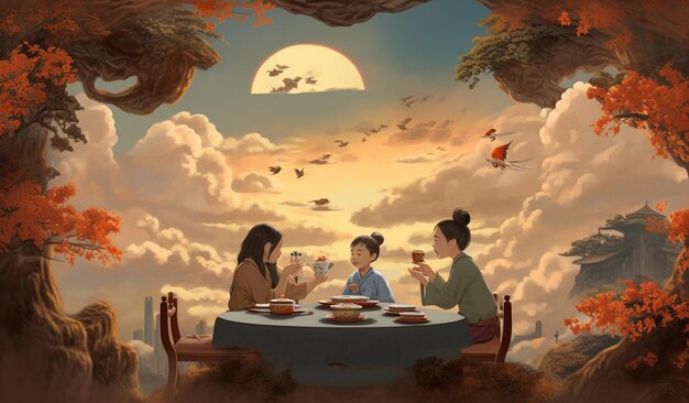 Obraz trzech osób siedzących przy stole z pochmurnym niebem w tle.