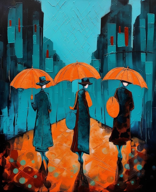 obraz trzech osób spacerujących w deszczu z parasolami generatywną ai
