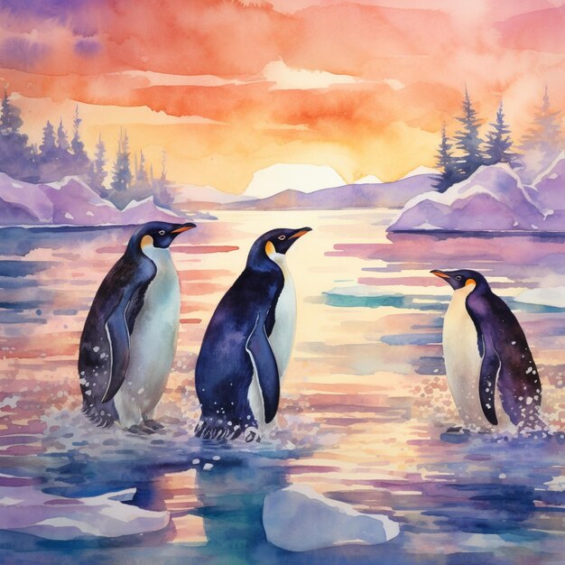 obraz trzech pingwinów w wodzie z zachodem słońca w tle generatywny ai