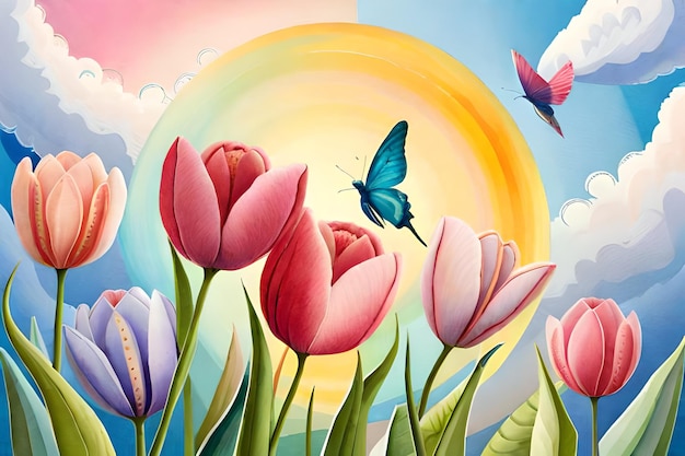 Obraz tulipanów z motylem po prawej.