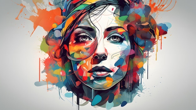 Obraz twarzy kobiety z kolorowymi plamami farby Generative AI