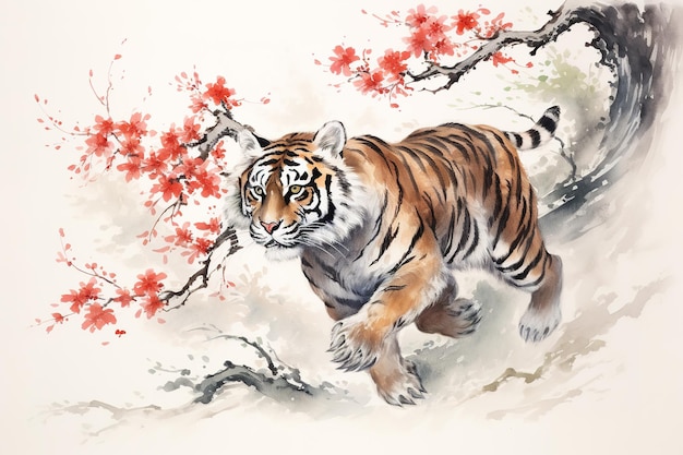 Obraz tygrysa z różowymi kwiatami wiśni w starożytnym stylu chińskim Dzika przyroda Zwierzęta Natura Ilustracja Generacyjna sztuczna inteligencja
