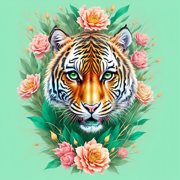 Obraz tygrysa z zielonymi oczami i zielonym tłem z kwiatami.