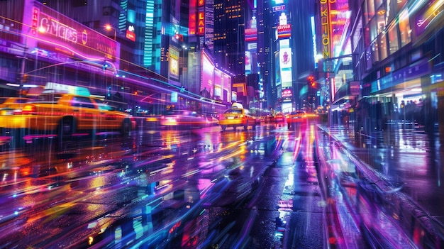 Zdjęcie obraz ulicy miejskiej w nocy z żółtą taksówką jadącą po niej