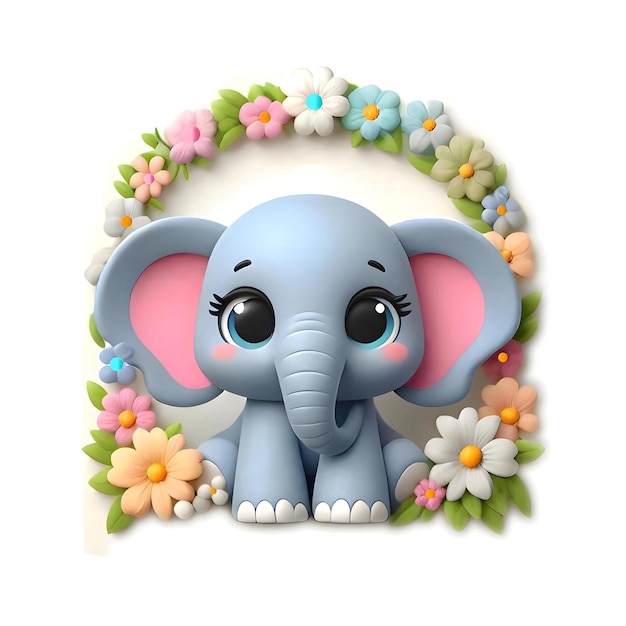 Zdjęcie obraz uroczego małego słonia z układem kwiatowym