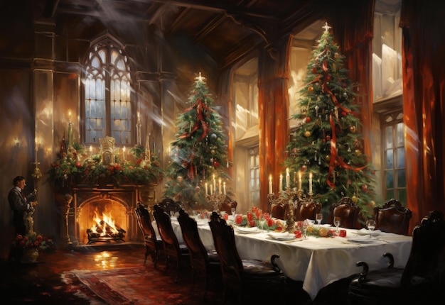 Obraz uroczystej jadalni ozdobionej na Boże Narodzenie