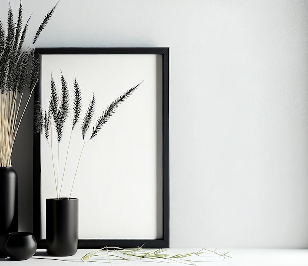 Obraz w czarnej ramie z rośliną i dwiema innymi roślinami na stole.