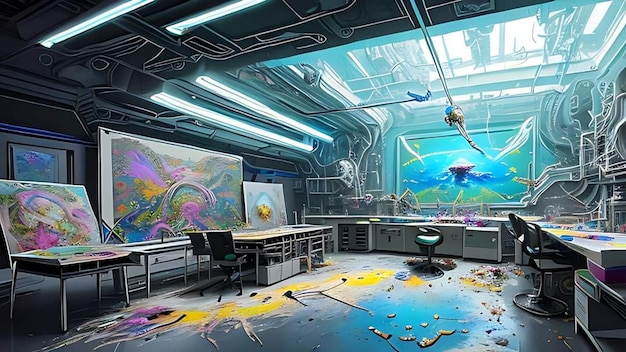 Obraz w pokoju science fiction z obrazem ryby na ścianie.