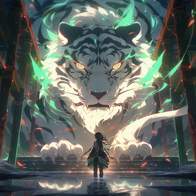 Obraz w stylu anime kobiety stojącej przed tygrysem generatywny ai