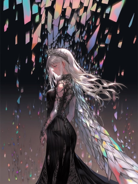 obraz w stylu anime przedstawiający kobietę w czarnej sukience z długimi białymi włosami generatywną ai