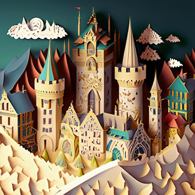 Zdjęcie obraz wektorowy w stylu papierniczym średniowiecznego miasta i zamku wektorowy na brokatowym tle ult