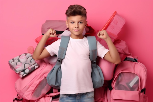 Obraz wesołego ucznia z plecakiem i stosem książek na różowym tle Generatywna sztuczna inteligencja