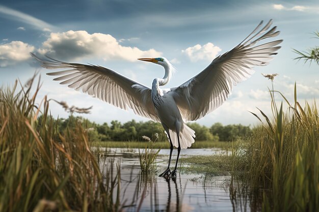 Obraz wielkiego egreta rozciągający skrzydła w lesie podmokłym Ptaki Dzikie zwierzęta Generatywna ilustracja AI