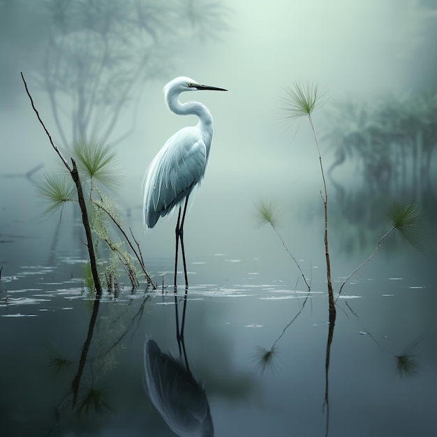 Obraz wielkiego egreta stojącego na bagnie w środku lasu Ptaki Zwierzęta ilustracja Generatywna sztuczna inteligencja