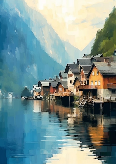 Obraz wioski na jeziorze z łodzią w wodzie generatywny ai