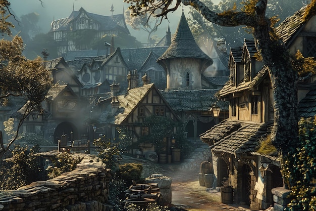 Obraz wioski w fantazyjnym otoczeniu