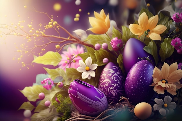 Obraz wiosny na Wielkanoc wiosenne kwiaty i pisanki Piękno natury Generacyjna sztuczna inteligencja