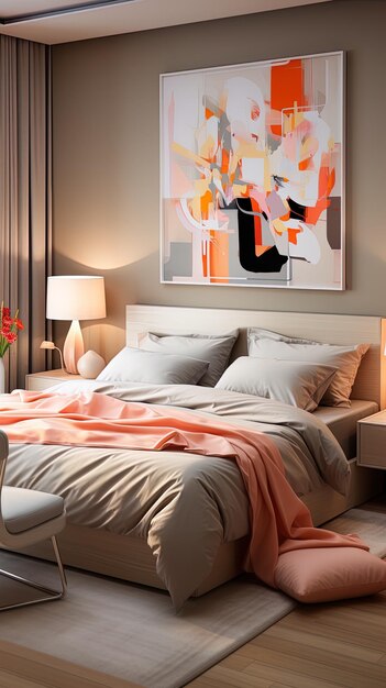 obraz wisi nad łóżkiem z różowym kocem na nim