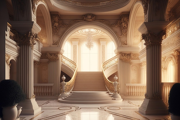 Obraz wnętrza złotego luksusowego pałacu z białym marmurem i złotymi meblami