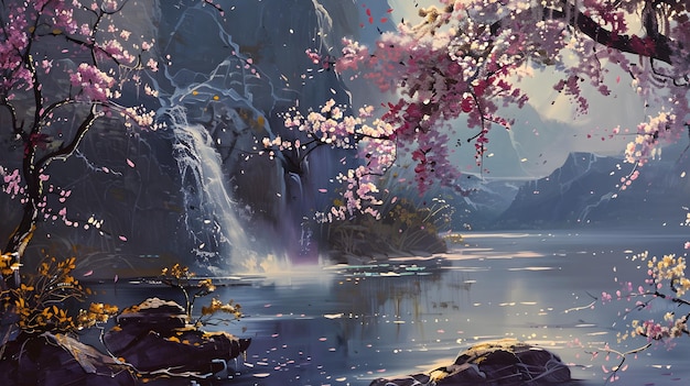 obraz wodospadu z obrazem wodospadu i drzewa z różowymi kwiatami