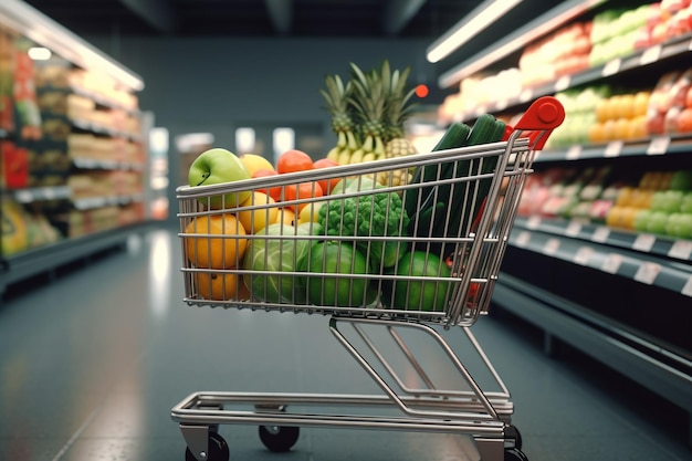 Zdjęcie obraz wózka pełnego produktów w supermarkecie