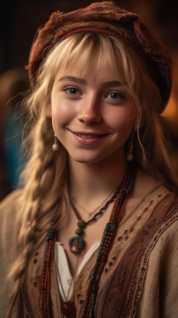 Obraz wygenerowany przez AI Piękna nastolatka z Europy Północnej w typowym skandynawskim ubraniu