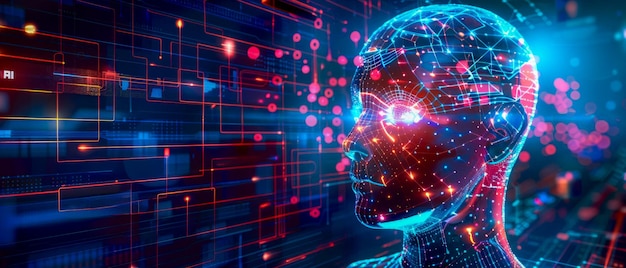 Obraz wygenerowany przez komputer twarz niebieskie tło zaawansowana technologia