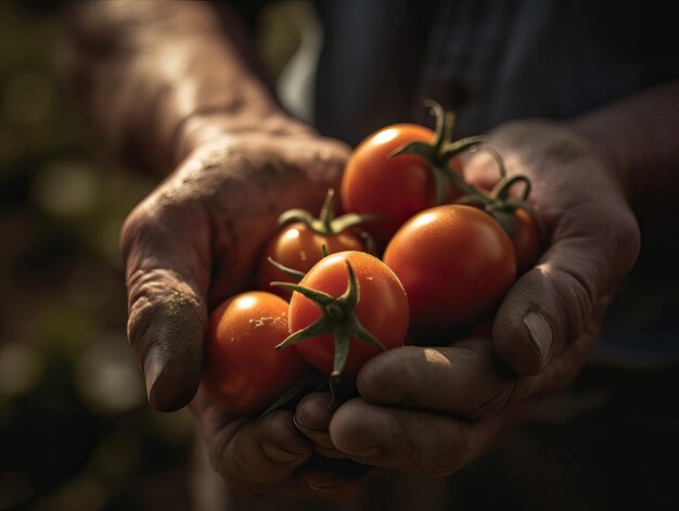 Zdjęcie obraz z bliska pomidorów w rękach rolnika