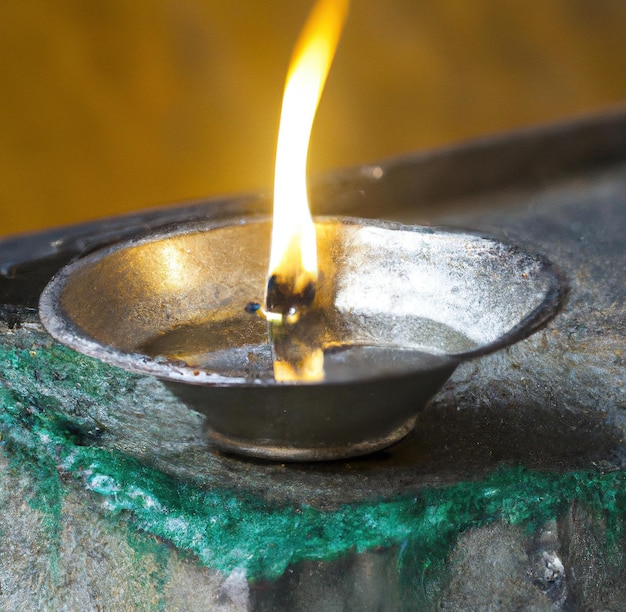Obraz z bliska tradycyjnej zapalonej indyjskiej świecy na ciemnym tle