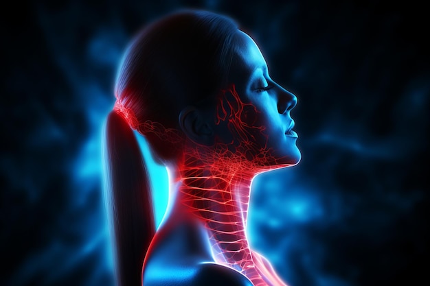 Obraz z boku ludzkiej głowy z jasną aktywnością mięśniową sieci szyi i błyskami na czarnym