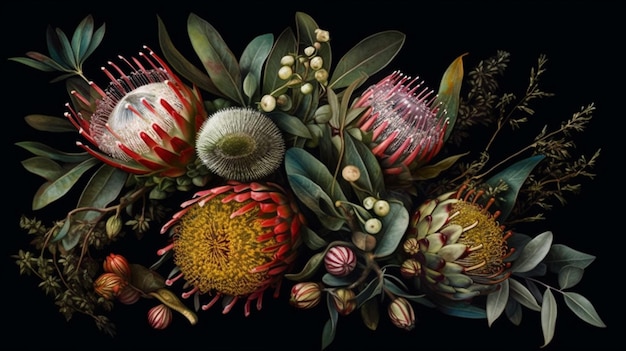Obraz z bukietem kwiatów z tytułem protea.