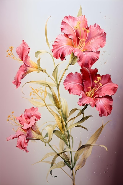 obraz z różowymi kwiatami na różowym tle Akwarela przedstawiająca kwiat w kolorze karmazynowym