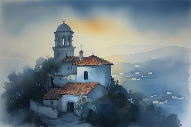 Obraz z rysunku akwareli Ermita de San Felices w Haro o zmierzchu i we mgle