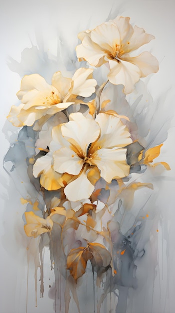 obraz z żółtymi kwiatami na białym tle Akwarela Malarstwo Węgiel drzewny Impatiens Perfect