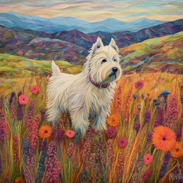 Obraz zachodniego psa na polu kwiatów generatywny ai