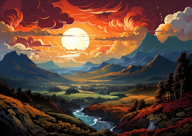 Obraz zachodu słońca nad doliną z rzeką i górami generatywny ai